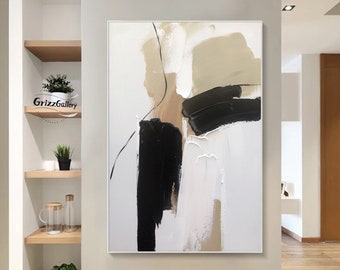 Large Minimalist Texture Painting Black and White Abstract Painting Black Textured Wall Art White Abstract 3D Textured Art Beige Painting