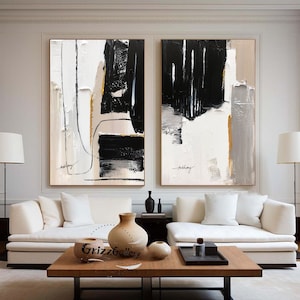 Set of 2 Minimalist Black and White 3D Texture Paintings Large Beige Abstract Wall Art Gold Abstract Texture Art Modern Decorative Wall Art