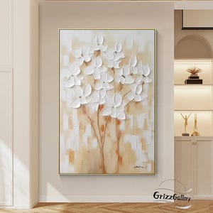 3D Flower Texture Abstract Painting Large White Flower Knife Painting White Flower Painting Original Beige Texture Art Decorative Wall Art