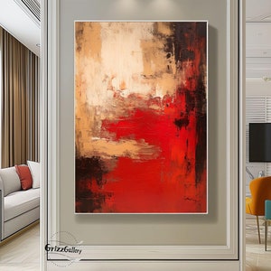 Red Abstract Painting Black Texture Painting Large Abstract Art Large Original Red and Beige Wall Art Modern Minimalist Abstract Painting
