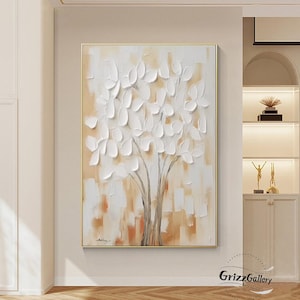 3D Textured Abstract Flower Painting Modern Canvas Textured Flower Painting Original Abstract Painting White Flower Painting Beige Wall Art