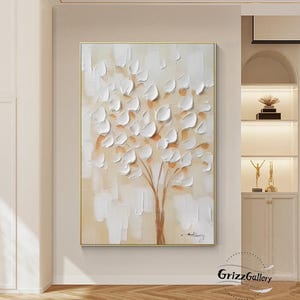 3D Textured Abstract Flower Painting Modern Textured White Flower Painting Original White Flower Painting Large Beige Textured Wall Art