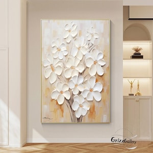 3D Textured White Flower Abstract Painting Blooming Flower Textured Wall Art Brown and White Flower Painting Neutral Decorative Painting