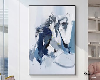 Dipinto astratto blu e bianco, grande dipinto acrilico blu, texture bianca, arte murale astratta, decorazione murale moderna e minimalista