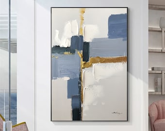 Blue and White Abstract Painting Large Abstract Painting Minimalist Abstract Painting Gold Texture Painting White Abstract Texture Art