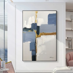 Blue and White Abstract Painting Large Abstract Painting Minimalist Abstract Painting Gold Texture Painting White Abstract Texture Art