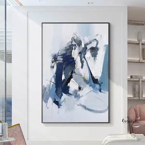 Blue and White Abstract Painting Large Blue Acrylic Painting White Texture Abstract Wall Art Modern Minimalist Abstract Decor Wall Art