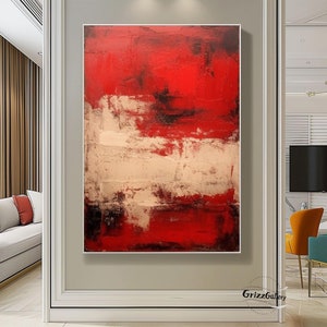 Large Red Abstract Painting on Canvas Red Beige Minimalist Painting Wabi-Sabi Textured Wall Art Black and Red Abstract Decorative Painting