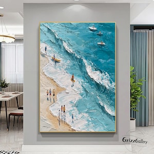 Original Textured Beach Oil Painting On Canvas Large Blue Ocean Wall Art Abstract Color Sun Umbrella Painting Ocean Wave Texture Painting