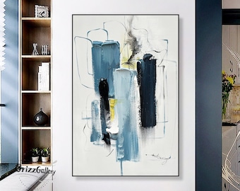 3D Blue Texture Abstract Minimalist Painting Large Abstract Wall Art White Canvas Painting Modern Acrylic Knife Painting Decorative Painting