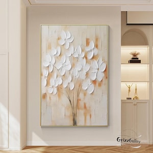 3D White Flower Texture Abstract Painting Large White Flower Knife Painting Original Beige Texture Art Bedroom Decorative Wall Art