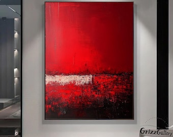 Red and Black Abstract Wall Art Neutral Red Abstract Canvas Painting Large Black Abstract Textured Wall Art Christmas Gift Painting