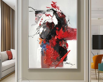 大きな赤い抽象画、白い抽象画の壁アート、モダンな赤いテクスチャ画