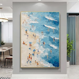 Original Beach Oil Painting Canvas Large Blue 3D Texture Ocean Wall Art Colorful Sun Umbrella Painting Seaside Swimming Texture Painting