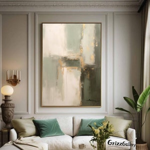 Large Abstract Green Painting Green Minimalist Abstract Painting Modern Beige and Green Wall Art Gold Painting Neutral Decorative Painting