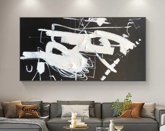 Original Black and White Abstract Texture Painting Large Black Canvas Painting White 3D Texture Wall Art Black and White Minimalist Painting