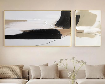 Set of 2 Minimalist Abstract Paintings Black and White Abstract Texture Painting Black Texture Art Beige Abstract Painting Beige Texture Art