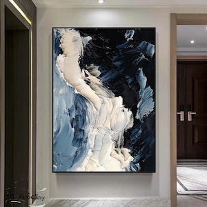 Arte murale astratta 3D Texture blu oceano Tela pittura Onda minimalista pittura Arte murale bianca e blu Decorazione camera da letto moderna Arte della moda
