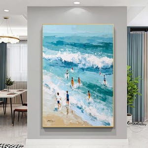 Large Beach Joy Ocean Surf Art Hand Painted Extra Large Heavy Texture 3D Minimalist Swimming Art Modern Abstract Painting Contemporary Art