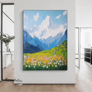 Large Mountain Meadow Painting Wildflower Landscape Art Colorful Texture Abstract Wall Art Green Grass Painting Flower Decorative Painting
