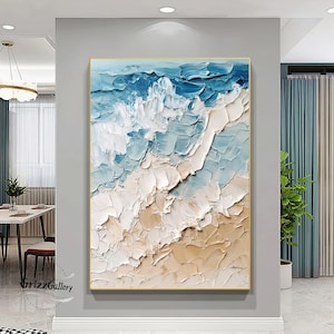 Large 3D Blue Ocean Canvas Texture Art White Wave Wabi Sabi Minimalist Beach Painting Blue Ocean Wave Canvas Wall Art Fashion Living Room