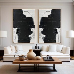 Black and White Abstract Texture Paintings Set of 2 Minimalist Texture Wall Art Large Black Texture Paintings Black Acrylic Abstract Art