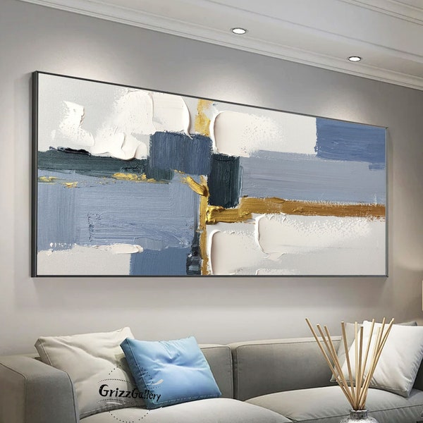 Large Minimalist Abstract Painting Blue White Abstract Painting Blue Canvas Painting White Textured Wall Art Gold Textured Art Modern Art