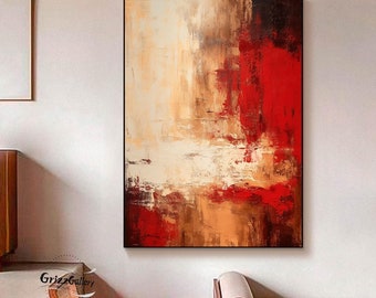 大きな赤い抽象画、白い抽象画の壁アート、モダンな赤いテクスチャ画