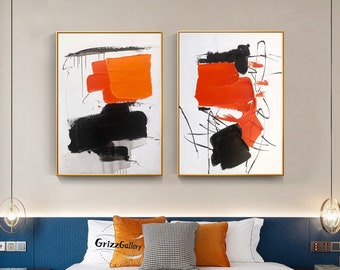Set of 2 Orange Textured Abstract Paintings Large Minimalist Textured Abstract Art Black Acrylic Abstract Paintings Modern Knife Paintings