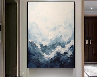 Modern Blue and White Minimalist Wall Art White Textured Painting Minimalist Abstract Painting Blue White Wall Decor Large Textured Art