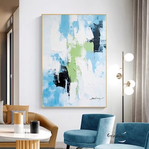 Large Blue and White Abstract Minimalist Painting Blue 3D Textured Abstract Painting White Abstract Wall Art Modern Decorative Painting