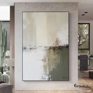 Green Abstract Painting Large Gray Minimalist Wabi-Sabi Wall Art White and Green Texture Painting White Wall Art Modern Bedroom Painting