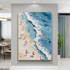 Large Blue Ocean 3D Texture Painting People Swimming in Ocean Canvas Wall Art Beach House Decor Surfer Wall Art Coastal Landscape Painting