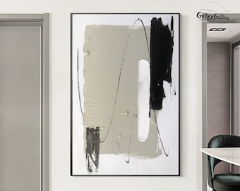 Large Minimalistic Abstract Painting Black and White Minimal Painting Grey Abstract Painting Green Painting Modern Textured Wall Art