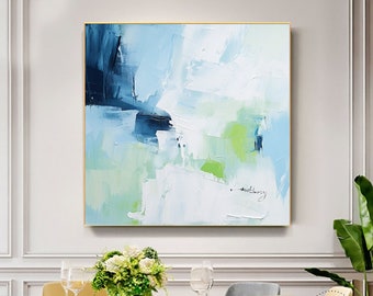 Light Blue and White Abstract Minimalist Painting Large Abstract Wall Art Green Textured Painting Blue Decorative Art White Canvas Painting