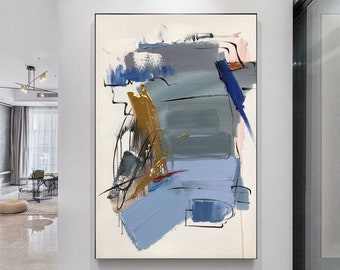 Minimalist Abstract Painting Gray and Blue Abstract Painting Large Minimalist Wall Art Gold Texture Abstract Art White Canvas Painting