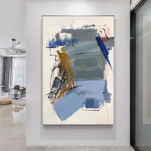Minimalist Abstract Painting Gray and Blue Abstract Painting Large Minimalist Wall Art Gold Texture Abstract Art White Canvas Painting