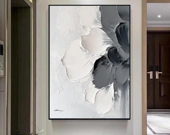 Large White and Gray 3D Texture Abstract Painting Large Petal Minimalist Wall Art Gray and Black Abstract Painting Decoration Painting
