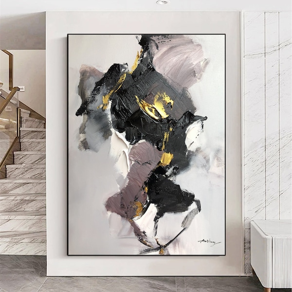 Large Original Textured Abstract Painting Black Abstract Painting Black Textured Wall Art Purple Painting Gold Minimalist Abstract Art