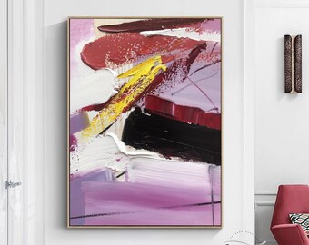 Large Abstract Minimalist Painting Purple and Red Acrylic Abstract Painting Handpainted Textured Abstract Painting Black and White Wall Art