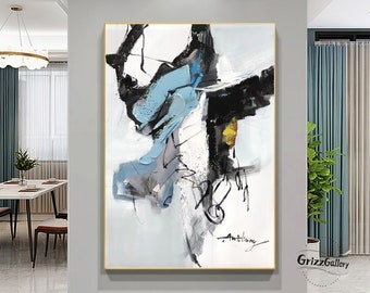 Grande dipinto astratto strutturato, dipinto astratto in 3D in bianco e nero, dipinto astratto in acrilico blu, dipinto astratto moderno