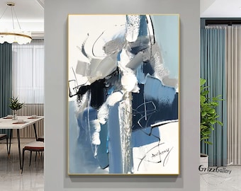 Blue and Gray Abstract Textured Painting Large White 3D Textured Abstract Painting Blue Abstract Painting Modern Abstract Decorative Art