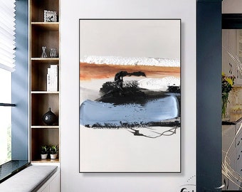 Grande pittura astratta strutturata pesante blu Arte della parete minimalista strutturata 3D Arte della parete astratta dipinta a mano in bianco e nero con cornice moderna