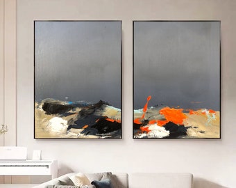 Large Gray Canvas Abstract Paintings Set of 2 Minimalist Textured Abstract Paintings Black Textured Wall Art Orange Acrylic Paintings