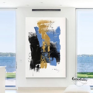 Original Blue Abstract Wall Art Gold and Blue Textured Abstract Painting Gold Minimalist Wall Art Black Textured Wall Art Gold Canvas Art
