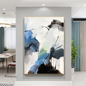 Blue and Black Abstract Painting Large Blue Textured Abstract Art White Minimalist Abstract Painting Modern Living Room Decoration Painting