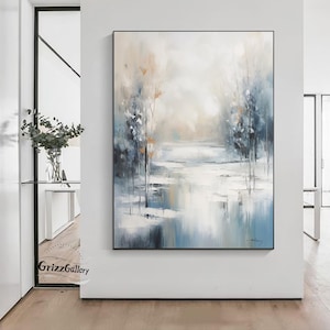 Handmade Painting Forest Snow Scene Abstract Painting Winter Canvas Painting White And Blue Abstract Painting Forest Art Housewarming Gift