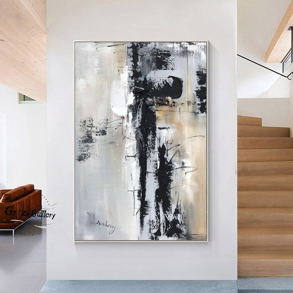 Large Beige Canvas Abstract Painting Black and White Texture Abstract Painting Knife Painting Black Abstract Texture Art Deco Frame Painting