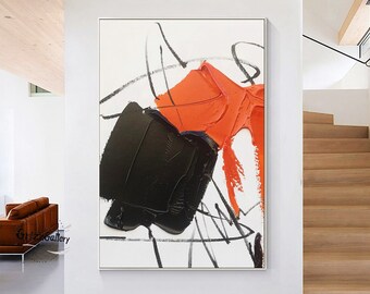 Black and Orange Abstract Art Large Black Textured Wall Art Black Acrylic Painting Orange Thick Textured Art Modern Minimalist Painting