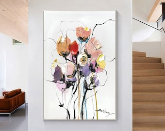 Original Textured Flower Painting Modern Abstract Textured Flower Canvas Art Large Colorful Flower Decorative Painting Beautiful Flower Art